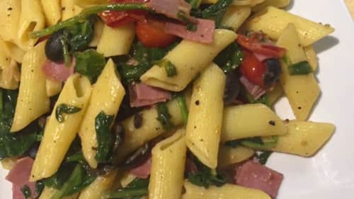 The Curry Cookbook episode 7 Salami Pasta,German Salamai with Black Olives & Spinach
